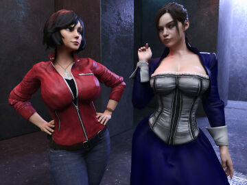 2girls 3d bioshock bioshock_infinite blue_eyes breasts brown_hair busty claire_redfield clothing crossover eastern_and_western_character elizabeth_comstock female female_focus female_only hourglass_figure human pale_skin resident_evil resident_evil_2 tekonsfw wide_hips
