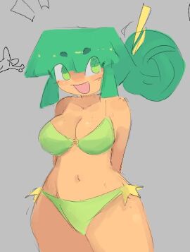 beachwear big_ass bikini female female_only green_eyes green_hair hairbun hyla light-skinned_female smiling wide_hips