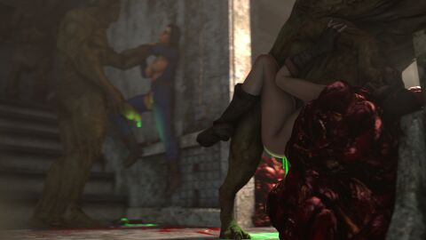 2boys 3d against_wall ass bioshock bioshock_infinite black_hair blood_splatter boots captured cum_drip cum_dripping_from_penis defeated elizabeth_comstock fallout fallout_4 female fingerless_gloves glowing_cum gore grabbing_leg grabbing_neck green_skin hat imminent_rape indoors large_penis male mutant_hound neck_grab no_artist_signature no_source nude nude_male partially_clothed paw_on_head penis pinned_to_wall piper_wright resisting rottingsfm source_filmmaker stairs super_mutant vault_suit zoophilia