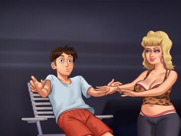 1boy 1girls 2d 2d_(artwork) big_breasts blonde_hair blue_eyes bra breasts brown_hair cameltoe cleavage clothed clothing crystal_(summertime_saga) darkcookie digital_drawing_(artwork) digital_media_(artwork) duo earrings female female_focus horny horny_female light-skinned_female light-skinned_male light_skin long_hair main_character_(summertime_saga) male male/female medium_breasts milf panties pants pushing pushing_down pussy pussy_lips smile smiling smirk smirking summertime_saga surprised surprised_expression underwear vagina