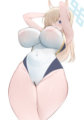 absurdres animal_ear_fluff animal_ears bad_anatomy bad_arm bar_censor bare_arms bare_legs bare_shoulders blonde_hair blue_archive blue_eyes blue_halo blush breasts censored clenched_teeth covered_navel cowboy_shot dog_ears dongye1551 female groin hair_over_one_eye halo highres kanna_(blue_archive) kanna_(swimsuit)_(blue_archive) large_breasts long_hair nipples_visible_through_clothing official_alternate_costume ponytail public public_peace_bureau_(blue_archive) simple_background slender_waist solo teeth thighs valkyrie_police_school_student white_background