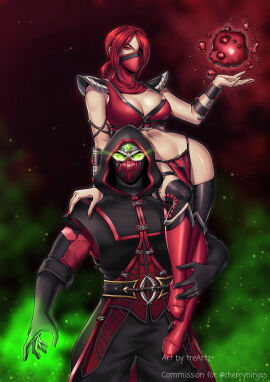 1boy 1girls big_breasts breasts ermac ermac_(mk11) female glowing_eyes green_eyes held_up homonculus magic male mask masked masked_female masked_male mortal_kombat mortal_kombat_(2011) mortal_kombat_11 red_clothing red_eyes red_hair skarlet skarlet_(mk9) thotlerrr toned toned_body toned_female toned_stomach treartz