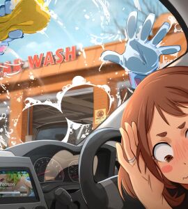 2d 2d_(artwork) 2girls anime anime_style blush boku_no_hero_academia breasts breasts_pressed_on_glass brown-haired_female brown_eyes brown_hair building car car_interior car_wash completely_nude embarrassed embarrassed_female female funny gloves green_hair hagakure_tooru hagakure_tooru_(invisible) hagakure_tooru_(visible) invisible invisible_girl khyleri looking_away my_hero_academia nude nude_female ochako_uraraka patreon ring soap_bubbles sponge tagme tooru_hagakure tooru_hagakure_(invisible) uraraka_ochako washing washing_car