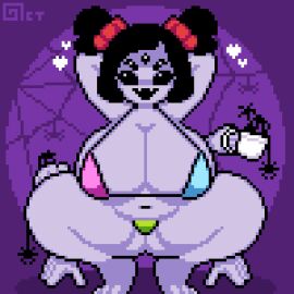 1girls 5_arms 6_arms :d big_breasts bikini black_eyes black_hair bow breasts delta_rune_(emblem) deltarune deltarune_bikini fangs feet female_only hanging_breasts heart huge_breasts muffet navel octotron2000 pixel_art plump purple_body self_upload short_hair skindentation solo solo_female spider spider_girl squatting teacup thick_thighs twintails undertale undertale_(series) wide_hips