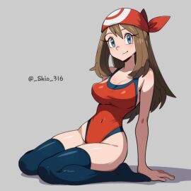 arm_support armpit_crease bandana bare_arms bare_shoulders belly_button_visible_through_clothing big_breasts black_thighhighs blue_eyes body_blush breasts brown_hair cleavage closed_mouth collarbone feet female long_hair may_(pokemon) one-piece_swimsuit pokemon red_one-piece_swimsuit shio_(zsp1jqohfr12495) smile swimsuit thighhighs thighs