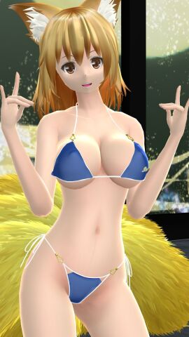1girls 2023 3d arms_up belly_button bikini blonde-haired_female blue_bikini breasts brown_eyes clavicle cleavage female fox_ears hand_gesture hati_yukkuri_mmd hips kemonomimi light-skinned_female light_skin looking_at_viewer mmd nine_tailed_fox ran_yakumo shinigami short-haired_female solo_female solo_focus swimsuit touhou waist youkai