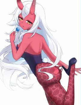 akumi ass bare_shoulders female food hair_between_eyes high_heels horns long_hair looking_at_viewer looking_back oni oni_horns pointy_ears red_skin skin-covered_horns solo strapless striped striped_background tail very_long_hair vyugen white_hair yellow_eyes