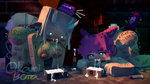 1boy 2girls acting_like_an_animal ass blush body_writing botaokami breasts breeding_request collar condom cumdump dark-skinned_male dark_skin drinking_cum female fuck_request heart heart-shaped_pupils heart_eyes horny horny_female horny_male light-skinned_female light_skin male microsoft minecraft mizuki_(artist) mizuki_(mymizukid) mojang nude nude_female nude_male okami_bota_(artist) pink_hair sex_machine sex_slave sex_toy text text_on_body thighhighs thighs vibrator white_hair wolffy_(botaokami)