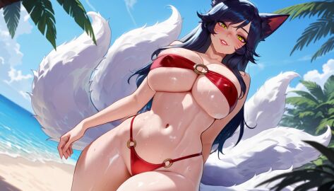 ahri ahri_(league_of_legends) ai_generated ai_video animal_ears animated animation balecxi bare_shoulders beach black_hair blush bouncing_breasts bracelet cleavage closed_mouth facial_mark female fox_ears fox_girl fox_tail kling_ai large_breasts league_of_legends long_hair looking_at_viewer multi_tail no_sound outdoors riot_games smile solo stay_blocky tagme thighs video walking water yellow_eyes