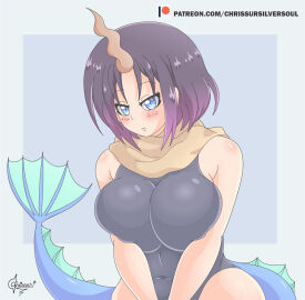 ass big_breasts breasts breasts_bigger_than_head chrissursilversoul elma_(dragon_maid) female huge_breasts miss_kobayashi's_dragon_maid multicolored_hair one-piece_swimsuit swimsuit tail thick_ass thick_thighs