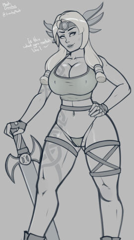 1girls athletic athletic_female big_breasts breasts dialogue european_mythology female freya_(smite) g-string goddess hi-rez_studios huge_breasts line_art looking_at_viewer meat-crunchy mythology norse_mythology nude pinup smite solo tattoo thick_thighs voluptuous voluptuous_female wide_hips