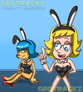 2girls animal_ears bangs bare_shoulders black_leotard blonde_hair blue_eyes blue_hair breasts brianne bunny_ears bunnysuit cleavage clothing dark-skinned_female dark_skin detached_collar fake_animal_ears female fishnet_legwear flipped_hair furry glasses green_eyes hand_on_hip high_heels index_finger_raised large_breasts leotard leslie medium_breasts multiple_females multiple_girls open_mouth playboy_bunny red_footwear shoes short_hair shoulder_tattoo sitting smile strapless strapless_leotard tail tattoo wacky_lesbian_hour wrist_cuffs