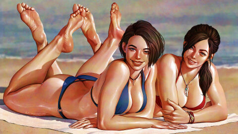 2d 2girls azuma_yasuo azumaarts busty capcom claire_redfield claire_redfield_(jordan_mcewen) feet female female_focus female_only hourglass_figure jill_valentine jill_valentine_(sasha_zotova) resident_evil resident_evil_2 resident_evil_2_remake resident_evil_3 resident_evil_3_remake soles toes wide_hips