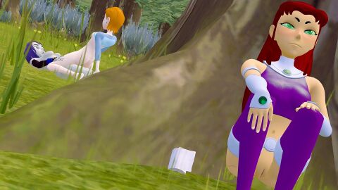 3d annoyed annoyed_expression ben_10 cowgirl_position exposed_pussy female forest futa_on_female futanari green_eyes grey_body grey_skin gwen_tennyson gwen_tennyson_(classic) intersex looking_at_partner looking_pleasured olive_skin outdoor_sex outdoors outside penis purple_hair pussy raven_(dc) red_hair riding riding_penis self_upload shirt_lift shirt_up sitting source_filmmaker squatting starfire tan_skin teen_titans thigh_grab toilet_paper woods