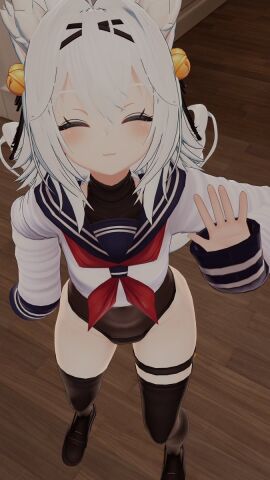 3d belly belly_button filian filian_(vtuber) no_skirt one-piece_swimsuit school_uniform see-through see-through_swimsuit virtual_youtuber white_hair