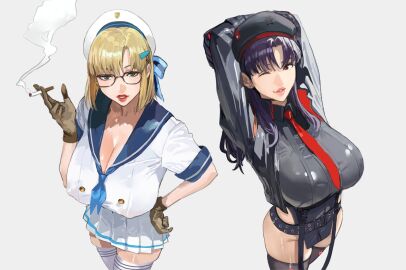 2girls arms_behind_head beret black_jacket black_thighhighs blonde_hair breasts brown_eyes cigarette cleavage crossover female female_only gloves goddess_of_victory:_nikke green_eyes hairclip highres hintobento holding_cigarette jacket light-skinned_female light_skin lipstick long_hair looking_at_viewer misato_katsuragi mole mole_under_eye necktie neon_(nikke)_(cosplay) neon_genesis_evangelion nipples_visible_through_clothing one_eye_closed purple_hair rapi_(nikke)_(cosplay) red_necktie ribbon ritsuko_akagi sailor_uniform short_hair smoke thighhighs thighs white_background white_thighhighs wink winking_at_viewer