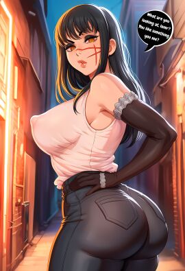 1girls ai_generated alley alleyway armpits armwear ass ass_focus big_ass big_breasts black_hair breasts bubble_butt chainsaw_man curvy english_text eyebrows eyebrows_raised eyebrows_visible_through_hair eyeshadow facial_mark facial_markings fat_ass female female_focus female_only from_behind hair hand_on_hip hi_res high_quality high_resolution highres jeans light lips long_hair looking_at_viewer looking_back makeup night outdoors pants renz3n shaded sidelighting sleeveless sleeveless_shirt speech_bubble talking_to_viewer text text_bubble yellow_eyes yoru_(chainsaw_man)