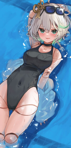 1girls 2d 2d_(artwork) alternate_costume appleseed_(artist) arm_behind_back arm_behind_head black_one-piece_swimsuit black_swimsuit blush breasts cecilia_immergreen doll doll_joints female female_focus female_only front_view hololive hololive_english hololive_english_-justice- in_water light-skinned_female light_skin looking_at_viewer medium_breasts one-piece_swimsuit pool short_hair slim_female smiling smiling_at_viewer solo solo_female solo_focus sunglasses sunglasses_on_head swimsuit tight_clothing virtual_youtuber vtuber vtuberfanart water wet wet_body white_hair young younger_female