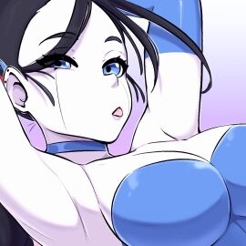 android android_girl arms_above_head arms_behind_head arms_up beepo_(chunkymoon) big_breasts black_hair blue_body blue_choker blue_eyes blue_leotard breasts choker female female_robot large_breasts leotard machine metallic_body relaxing robot robot_girl tounge_out voluptuous voluptuous_female white_body