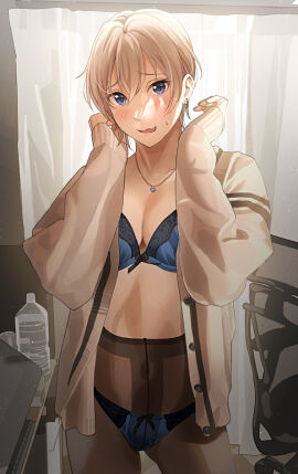 1girls :d black_bow black_legwear black_pantyhose blonde_hair blue_bra blue_eyes blue_panties blush bottle bow bow_bra bow_panties bra breasts cardigan chair cleavage clothing collarbone curtains drawing_tablet earrings female gal_girlfriend_(tipii) gyaru hair_between_eyes hands_up hoop_earrings indoors jewelry keyboard_(computer) kogal looking_at_viewer matching_underwear medium_breasts navel necklace nervous_smile no_pants no_shirt office_chair open_mouth original panties panties_under_pantyhose pantyhose short_hair smile solo spread_legs sweat sweatdrop swivel_chair tipii underwear water_bottle