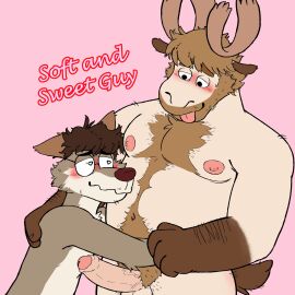 absurd_res anthro balls beard bl4z3blaze blush body_hair canid canine chest_hair deer digital_media_(artwork) duo erection eyewear facial_hair foreskin fur genitals glasses hair heart_eyes heart_symbol hi_res leo_(nardodraws) male male/male mammal multicolored_body multicolored_fur nervous nipples penis pubes rodney_(nardodraws) simple_background tongue tongue_out uncircumcised vein