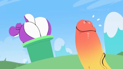 2boys animated artist_name artist_signature ass boner bubble_ass bubble_butt dinosaur erection gay kamek komdog komponi koopa male mario_(series) nintendo penis pipe purple_yoshi stuck stuck_in_object stuck_in_pipe tagme text yoshi