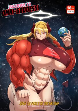 18+_adults_only_sign abs absurd_res artist_name biceps blonde_female blonde_hair breasts comic_cover demon earth female giantess holding_planet huge_breasts huge_thighs hyper_breasts hyper_muscles looking_at_viewer muscles muscular muscular_female patreon_url pectoriah planet red_eyes seductive_look seductive_smile sophia_(pectoriah) space succubus succubus_horns succubus_tail text thick_thighs tight_clothing underboob