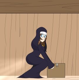 alternate_version_available blue_eyes brown_hair bubble_butt looking_back mrtomato8224 nun nun_outfit squatting