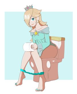 1girls ass barefoot blonde_hair blue_eyes blue_nail_polish blue_nails blue_panties blue_toenail_polish blue_toenails blue_topwear crown feet female hair_covering_eye happy holding_object image light-skinned_female light_skin looking_at_viewer mario_(series) nintendo panties panties_down princess_rosalina sitting smile smiling toilet toilet_paper toilet_use