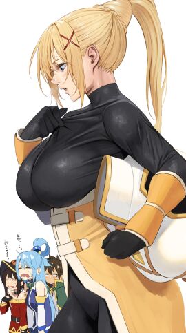 1boy 3girls absurdres airing_out aqua_(konosuba) armor big_breasts black_bodysuit black_gloves blonde_hair blue_dress blue_eyes blue_hair blush bodysuit bodysuit_pull breastplate breasts brown_hair cape chestplate_removed cooling_off darkness_(konosuba) dress female female_focus fingerless_gloves gloves hair_ornament highres huge_breasts izawa_(bhive003) kono_subarashii_sekai_ni_shukufuku_wo! large_breasts light-skinned_female light_skin long_hair looking_at_breasts male megumin multiple_females multiple_girls neck off-shoulder_dress off_shoulder open_mouth paid_reward_available ponytail pulling_own_clothes red_dress satou_kazuma sideways_glance single_hair_ring solo_focus standing steaming_body sweat sweatdrop sweating sweaty text tied_hair tight_clothing unworn_armor waist_cape wet_clothes wet_hair white_background x_hair_ornament yellow_cape