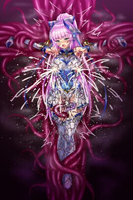 absurdres blue_eyes blue_trim blush bound breasts crucifixion element_venus female female_ejaculation forced_orgasm full_body gloves highres kisaragi_nozomi lactation lactation_through_clothes large_breasts large_variant_set living_clothes long_hair nipples open_mouth pink_hair ponytail projectile_lactation restrained shinsou_seiki_elementia sirano solo tentacle tentacle_sex thighhighs torn_clothes trembling variant_set