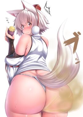 animal_ears ass bare_shoulders big_ass big_butt big_fart blush blush_lines brown_eyes butt digital_media_(artwork) earmuffs eating embarrassed eyebrows_visible_through_hair fart fart_cloud female flying_sweatdrops food fundoshi hi_res highres holding_food huge_ass japanese_clothes long_gloves looking_at_viewer looking_back momiji_inubashiri pom_pom_(clothes) ring ring_on_finger shishi_juuroku short_hair simple_background smell stink stinky stinky_butt stinky_fart surprised sweat sweatdrop thick_thighs thighs tokin_hat touhou white_eyebrows white_hair white_tail wolf_ears wolf_girl