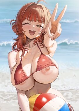 1girls ;d absurdres accidental_exposure ahoge areola_slip ball_(object) beachball bikini blush breasts brown_eyes day female gakuen_idolmaster hair_intakes halterneck hanami_ume highres huge_breasts idolmaster large_areolae nipple_slip nipples oblivious ocean one_breast_out one_eye_closed open_mouth outdoors peace_sign ramanda red_bikini red_hair side-tie_bikini_bottom smile solo swimsuit unaware underboob v wardrobe_malfunction water waves wet