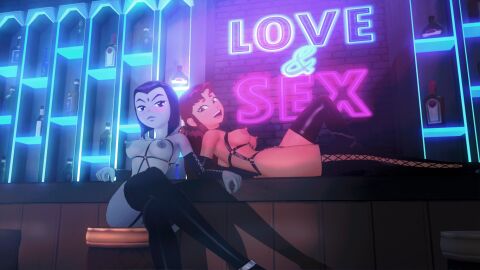 2girls 3d 3d_(artwork) angry_face breasts dc dc_comics female female_only goth green_eyes grey_skin happy_face koriand'r looking_at_viewer multiple_females multiple_girls purple_hair rachel_roth raven_(dc) red_hair self_upload small_breasts starfire stockings teen_titans text totalsun