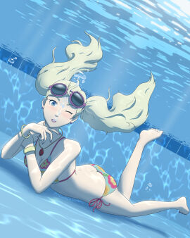 1girls absurd_res ann_takamaki ass ass_crack barefoot bikini blue_eyes bracelet breasts bubble butt_crack cleavage dutch_angle earrings eyewear_on_head feet female floating_hair full_body high_res jewelry long_hair looking_at_viewer medium_breasts megagogoman megami_tensei nail_polish necklace one_eye_closed open_mouth persona persona_5 pink-framed_eyewear print_bikini red_nails shiny_skin side-tie_bikini_bottom silver_hair soles string_bikini sunglasses sunglasses_on_head swimming_pool swimsuit toenail_polish toenails toes twintails underwater very_long_hair