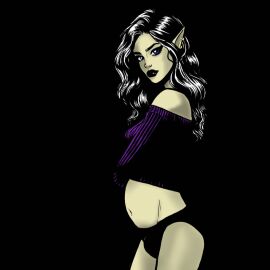 black_hair black_lipstick bulge bulge_through_clothing deviantart earrings elf elf_ears futanari intersex long_hair male panties pregnant pregnant_futa purple_eyes small_belly sweater thiame trans trans_woman