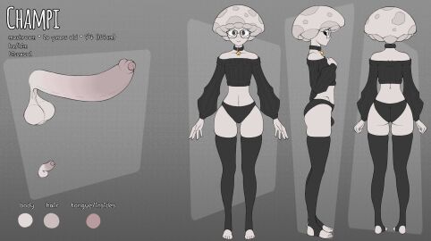 1boy 1femboy back_view balls barefoot big_balls big_glasses big_penis bulge_through_clothing champaanimation champi_(oc) choker crop_top feet femboy footless_stockings front_view huge_balls huge_cock information male mushroom mushroom_humanoid oc original_character panties penis reference reference_sheet refference refference_sheet shoulderless_shirt shoulderless_topwear side_view simple_background small_penis stirrup_legwear thighhighs toeless_legwear toes