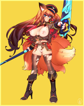 animal_ear_fluff animal_ears black_thighhighs blue_eyes blush boots breasts brown_hair caleen_keemosn cheunchin closed_mouth clothing commission dual_wielding eyebrows_visible_through_hair female footwear fox_ear fox_ears fox_girl fox_tail functionally_nude gloves hair_ribbon hat headwear high_heel_boots high_heels holding holding_object holding_sword holding_weapon kemonomimi kitsunemimi large_breasts legwear long_hair looking_at_viewer military_hat multi_tail navel nipples peaked_cap pussy runes solo standing star_ocean star_ocean_anamnesis sword tail tails thigh_highs tied_hair torn_clothes torn_thighhighs twintails vagina very_long_hair weapon