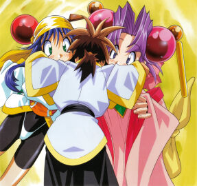 1990s_(style) 1boy 2girls android blue_eyes blue_hair cherry_(saber_j) female green_eyes highres hug kotobuki_tsukasa lime_(saber_j) male multiple_females multiple_girls official_art otaru_mamiya purple_hair retro_artstyle saber_marionette_j spandex yellow_background