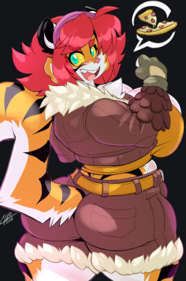 1girls 2025 anthro ass big_breasts big_butt black_background black_body black_fur black_tail bottomwear breasts chalo clothed clothing cosplay crossover_cosplay eyebrows felid female female_only food fur furgonomics gloves green_eyes hair half-length_portrait handwear hi_res hotpants huge_breasts kacey_biggs las_lindas looking_at_viewer looking_back looking_back_at_viewer mammal marvel marvel_comics marvel_rivals multicolored_tail open_mouth orange_body orange_fur orange_tail pantherine pictographics pizza portrait rear_view red_hair shorts signature simple_background smiling smiling_at_viewer solo squirrel_girl_(cosplay) standing striped_body striped_fur stripes tail teeth thick_thighs tiger tongue white_body white_fur white_tail yellow_sclera