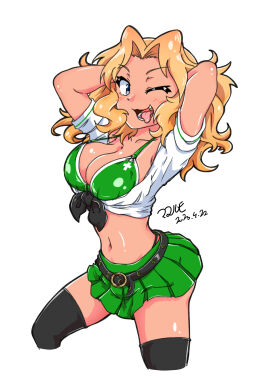 :3d big_breasts blonde_hair blue_eyes blush bra breasts breasts_out cleavage female girls_und_panzer gyaru kay_(girls_und_panzer) large_breasts navel one_eye_closed ooarai_school_uniform open_mouth solo tan ten_musu_inu tied_shirt tongue tongue_out