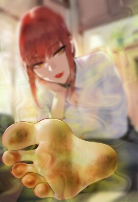 1girls barefoot chainsaw_man cheese dirt dirty_feet drink feet feet_focus female foot_fetish foot_focus looking_at_viewer makima_(chainsaw_man) smell smelly_feet soles stink_fumes stink_lines stinky stinky_feet third-party_edit toes unknown_artist