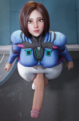 1futa 3d audrix blizzard_entertainment brown-haired_female brown_hair brunette_hair cheek_markings d.va d.va_(overwatch_2_suit) erect_penis erection female futa_only futanari hana_song hung_futa intersex light-skinned_female light_skin looking_at_viewer looking_up looking_up_at_viewer overwatch overwatch_2 penis video_game_character