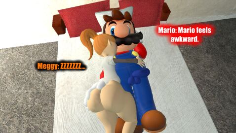 3d ass bed big_ass bottomless dialogue garry's_mod gmod human_meggy kaibernation male mario mario_(series) meggy_spletzer penis penis_in_pants sleeping smg4 text touching_ass