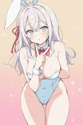 1girls ahoge alisa_mikhailovna_kujou arm_behind_back ass_visible_through_thighs bare_arms bare_legs bare_shoulders bare_thighs belly_button_visible_through_clothing big_breasts blue_eyes blush blushing breasts bunny_ears bunny_girl bunnysuit cleavage collarbone detached_collar faithful_to_the_anime female female_only groin hair_ribbon highleg isshiki_kanae leotard long_hair navel_outline off_shoulder open_mouth parted_lips russian solo standing sweatdrop thighs tokidoki_bosotto_russian_de_dereru_tonari_no_alya-san white_hair white_leotard