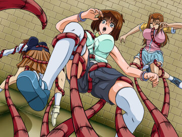 anzu_mazaki arched_back back_arch background blue_eyes blue_shoes blue_shorts blue_vest bondage boots bracelet bracelets breasts brick_wall brown_hair brown_skirt button_down_shirt closed_eyes clothing eyes_open eyes_out_of_frame female held_by_tentacles held_up kawai_shizuka kitamori_reiko long_brown_hair long_hair long_sleeves no_nude open_mouth oral penetration pink_vest red_tentacles reiko_kitamori restrained sakabane_lv1 sandals serenity_wheeler shoes short_brown_hair short_hair short_sleeves shorts skirt sleeveless_shirt sneakers socks spread_legs stockings stockings_thigh_highs suspended_in_midair suspension t-shirt tea_gardner teal_shirt teeth teeth_showing teeth_visible tentacle tentacle_between_breasts tentacle_in_mouth tentacles_around_arms tentacles_around_legs tentacles_around_wrists tentacles_everywhere tentacles_on_female tentacles_under_clothes thighhighs white_legwear white_shirt white_socks white_stockings white_thighhighs wide_eyed yellow_shirt yu-gi-oh! yu-gi-oh!_duel_monsters