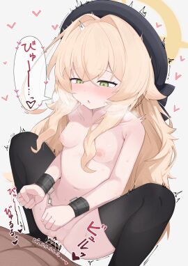 1boy absurdres bar_censor black_hat black_thighhighs blonde_hair blue_archive blush bondage bound bound_wrists breasts censored commentary_request cowgirl_position cum cum_in_pussy cum_overflow ejaculation female green_eyes hair_intakes half-closed_eyes halo hat heart highres long_hair nipples nude parted_lips penis professor_niyaniya_(blue_archive) pussy sex simple_background small_breasts solo_focus sound_effects squatting_cowgirl_position straddling straight sugarplus sweat thighhighs vaginal_penetration variant_set very_long_hair white_background yellow_halo