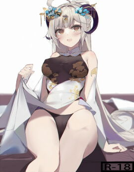 1girls beauty_mark bed blush cameltoe ciyana female horns indie_virtual_youtuber light-skinned_female light_skin pussy silver_hair thick_thighs virtual_youtuber vtuber white_hair yellow_eyes
