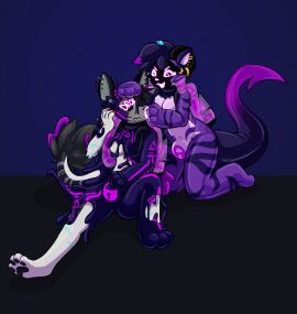 absurd_res anthro canid canine canis captaincronus clothing corruption drone dronesuit dronification duo evil_grin felid feline female female/female gg_(ggthekitty) goo_transformation hand_on_bulge hand_on_head hi_res horn horn_jewelry hybrid hypnotic_gas jewelry latex latex_clothing latex_skinsuit liquid_latex mammal mind_control night_stalker_(xangelicart) null_bulge pheromones piercing purple_body skinsuit slime smile tail tight_clothing transformation visor wolf