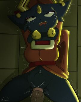 ahe_gao anthro black_eyes blue_body blue_fur bodily_fluids bottomless breasts clothed clothing collar control_collar disembodied_penis drooling ear_piercing eyelashes eyeshadow female forehead_gem fu_kawa_(artist) fur gem genitals gou_mang halo hands_behind_head hi_res long_sleeves looking_pleasured lying makeup male male/female mind_control navel nine_sols on_back open_mouth penetration penis piercing pink_clothing pink_topwear pussy red_eyeshadow saliva sex solarian solo stomach_bulge tears thick_thighs topwear vaginal_penetration wide_hips